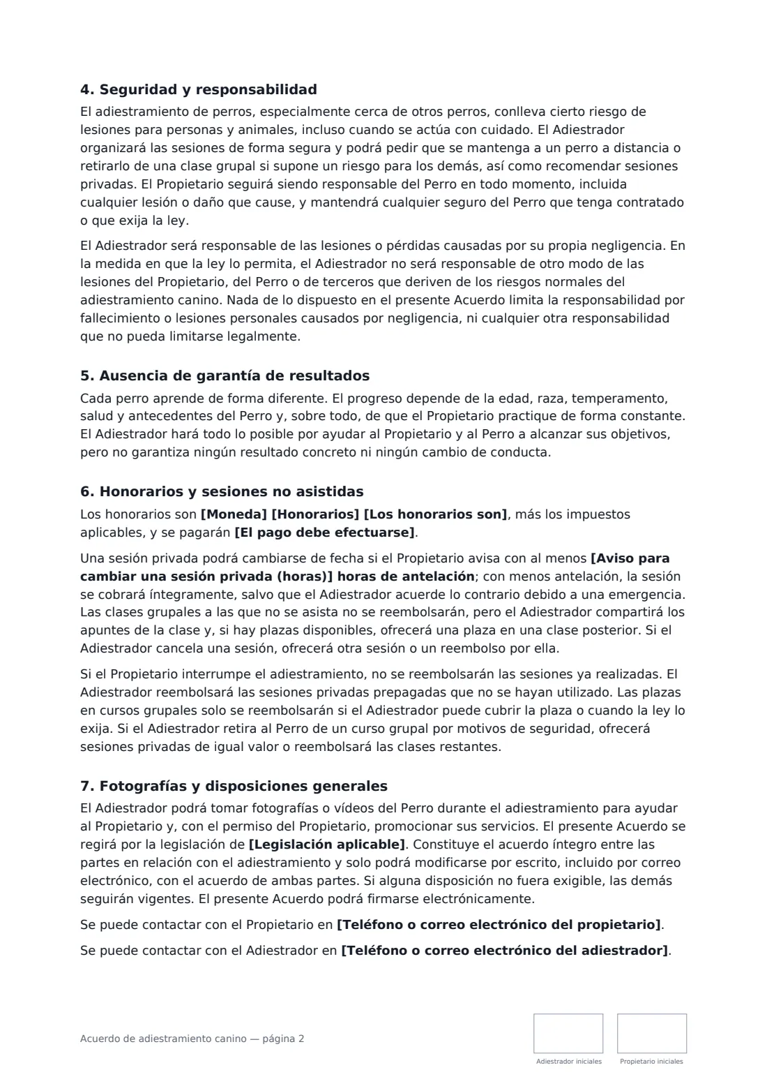Acuerdo de adiestramiento canino: página 2 de 3