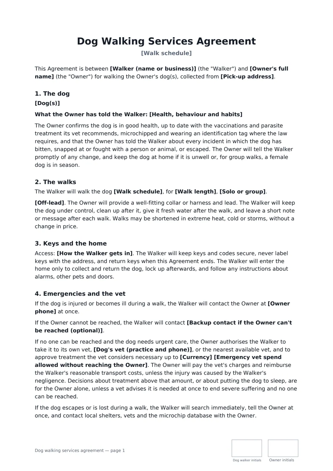 Dog walking services agreement — page 1 of 2