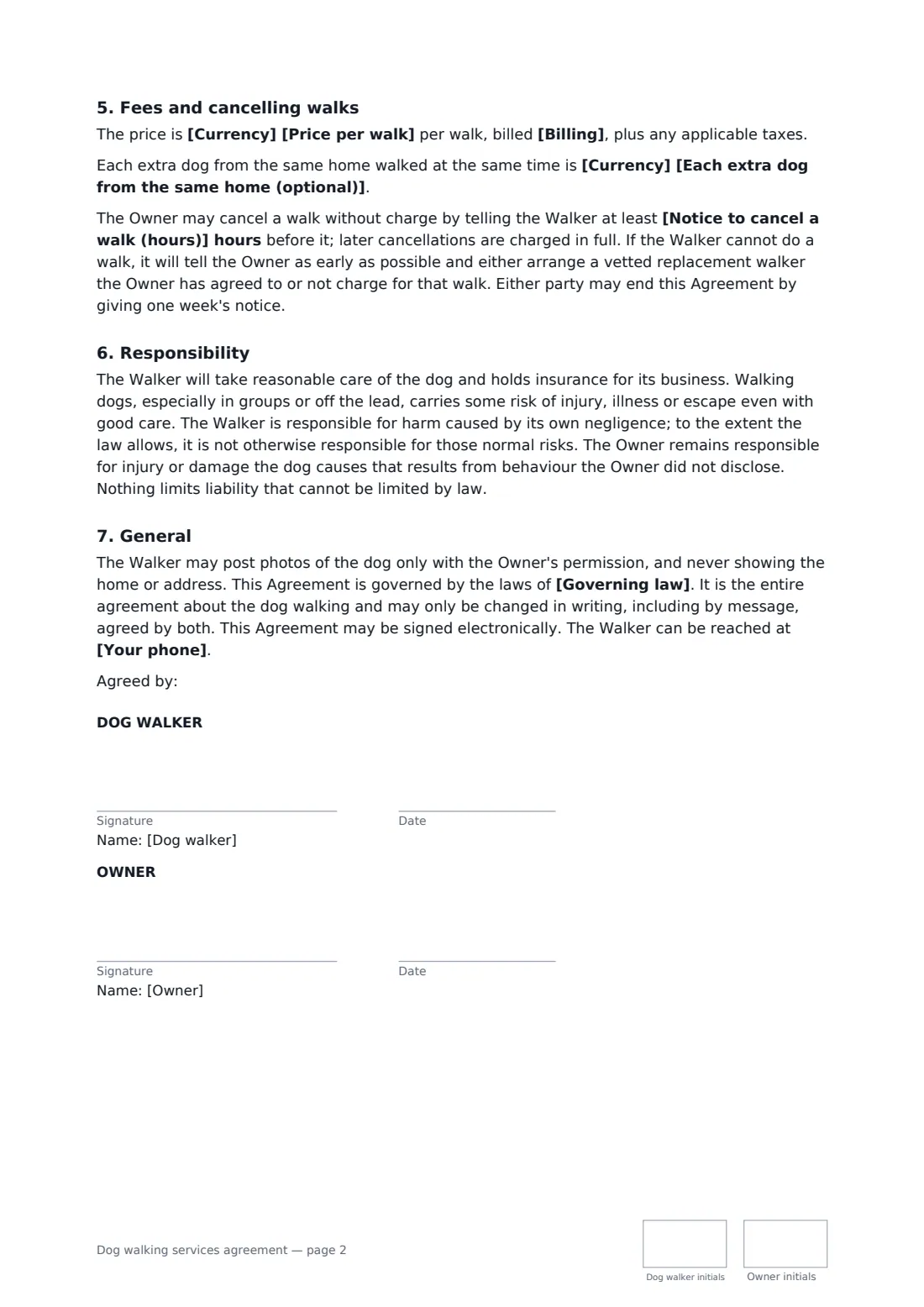 Dog walking services agreement — page 2 of 2