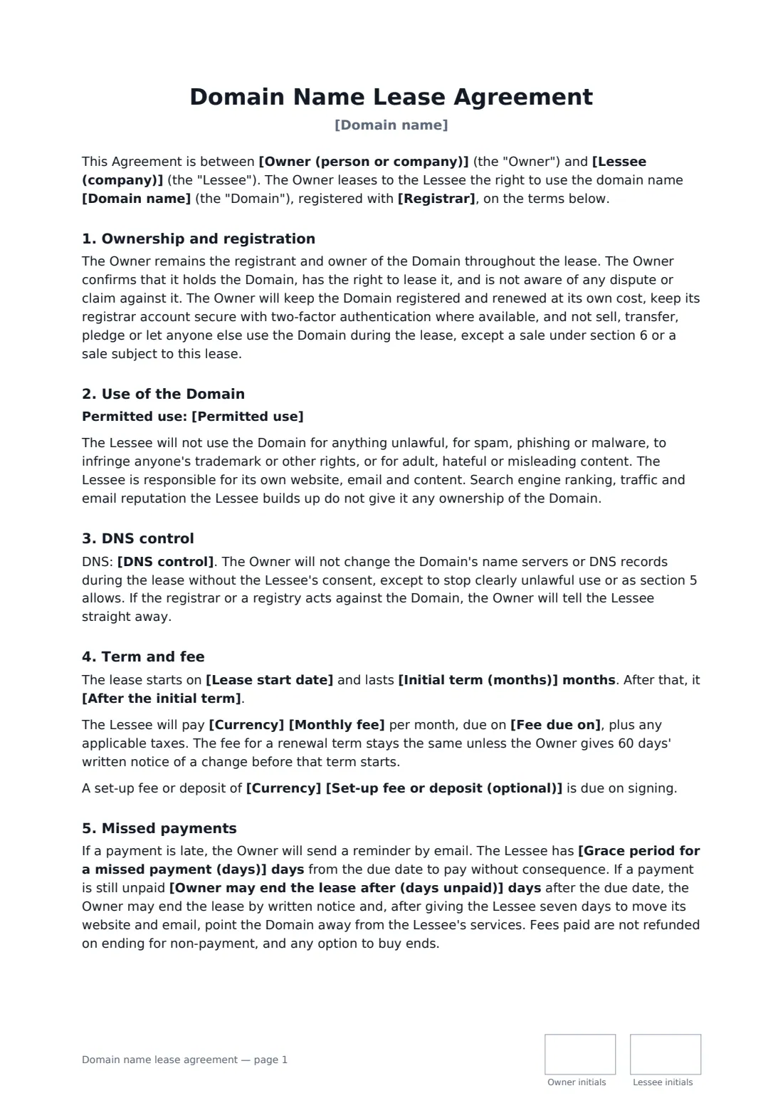Domain name lease agreement — page 1 of 2