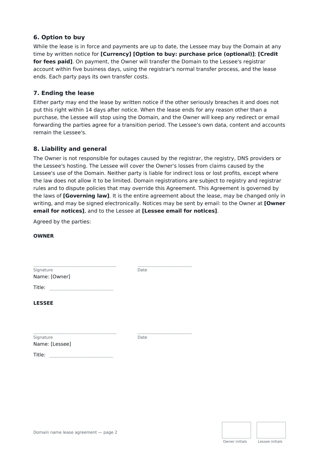 Domain name lease agreement — page 2 of 2