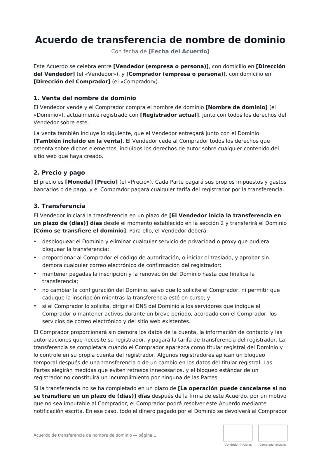 Acuerdo de transferencia de nombre de dominio: página 1 de 3