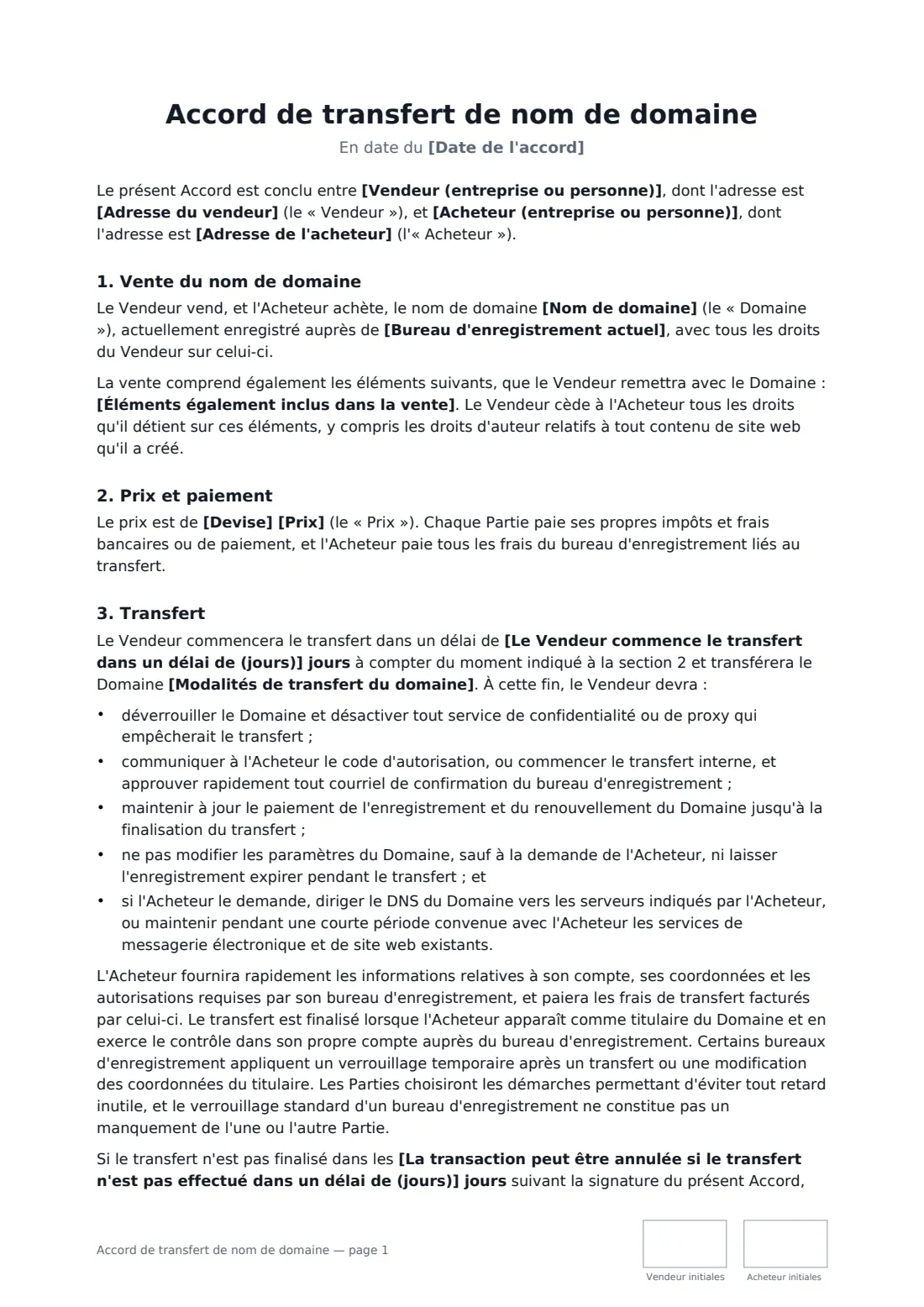 Accord de transfert de nom de domaine — page 1 sur 3