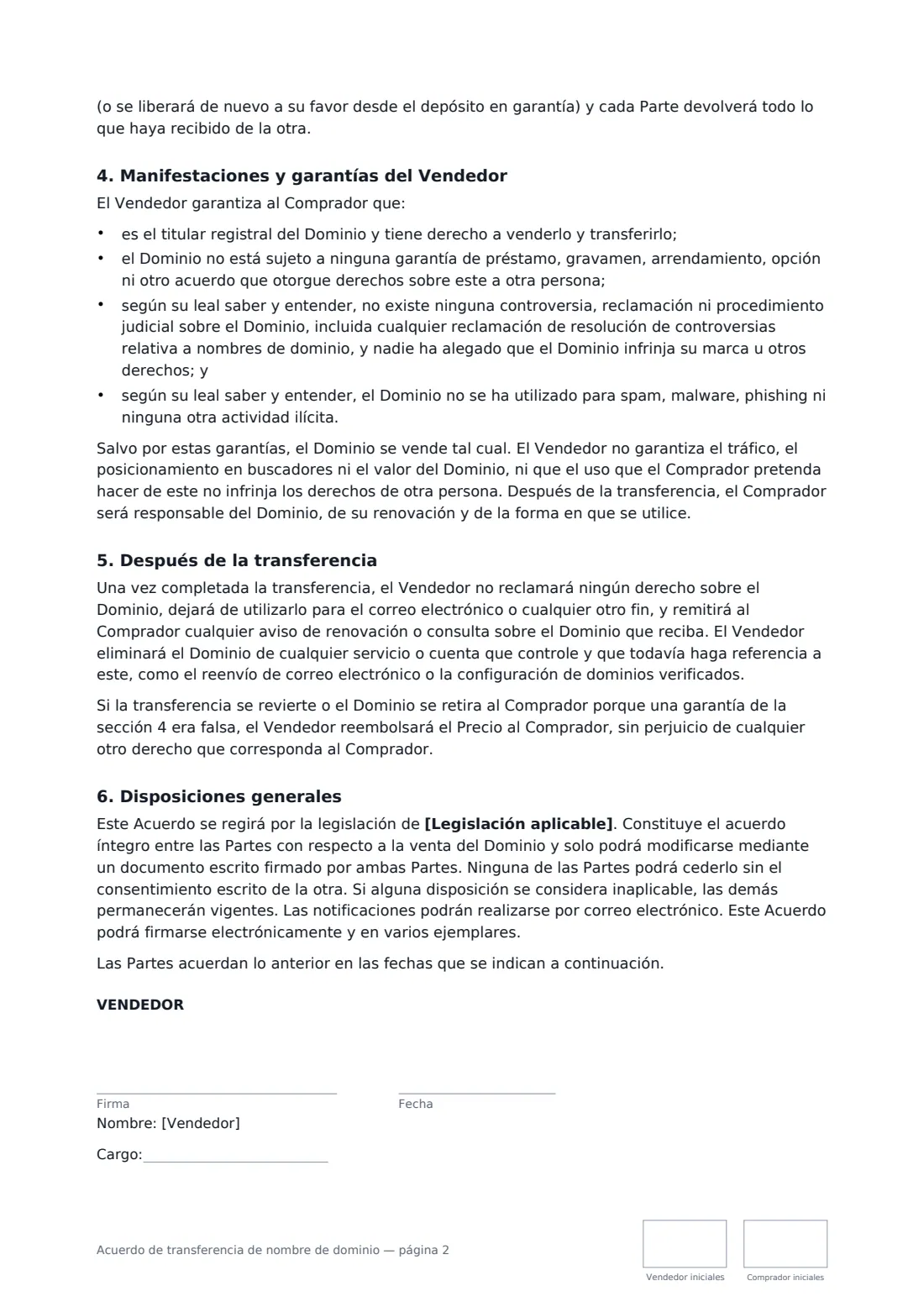 Acuerdo de transferencia de nombre de dominio: página 2 de 3