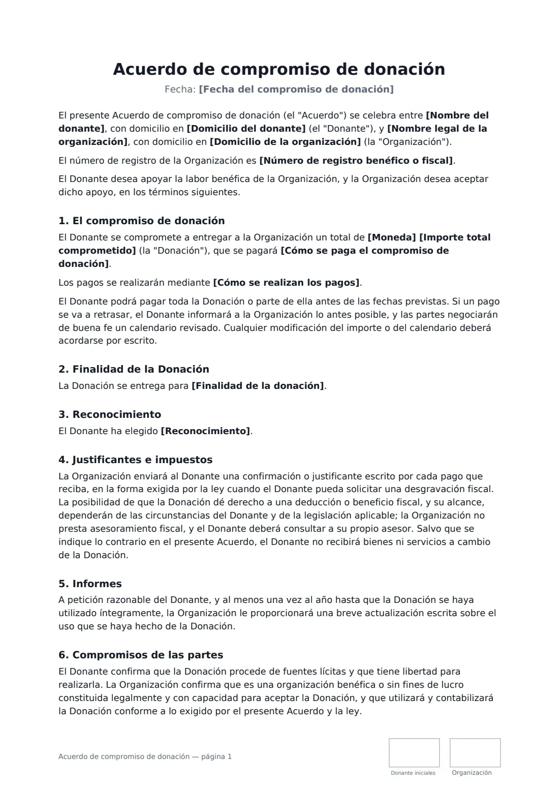 Acuerdo de compromiso de donación: página 1 de 2