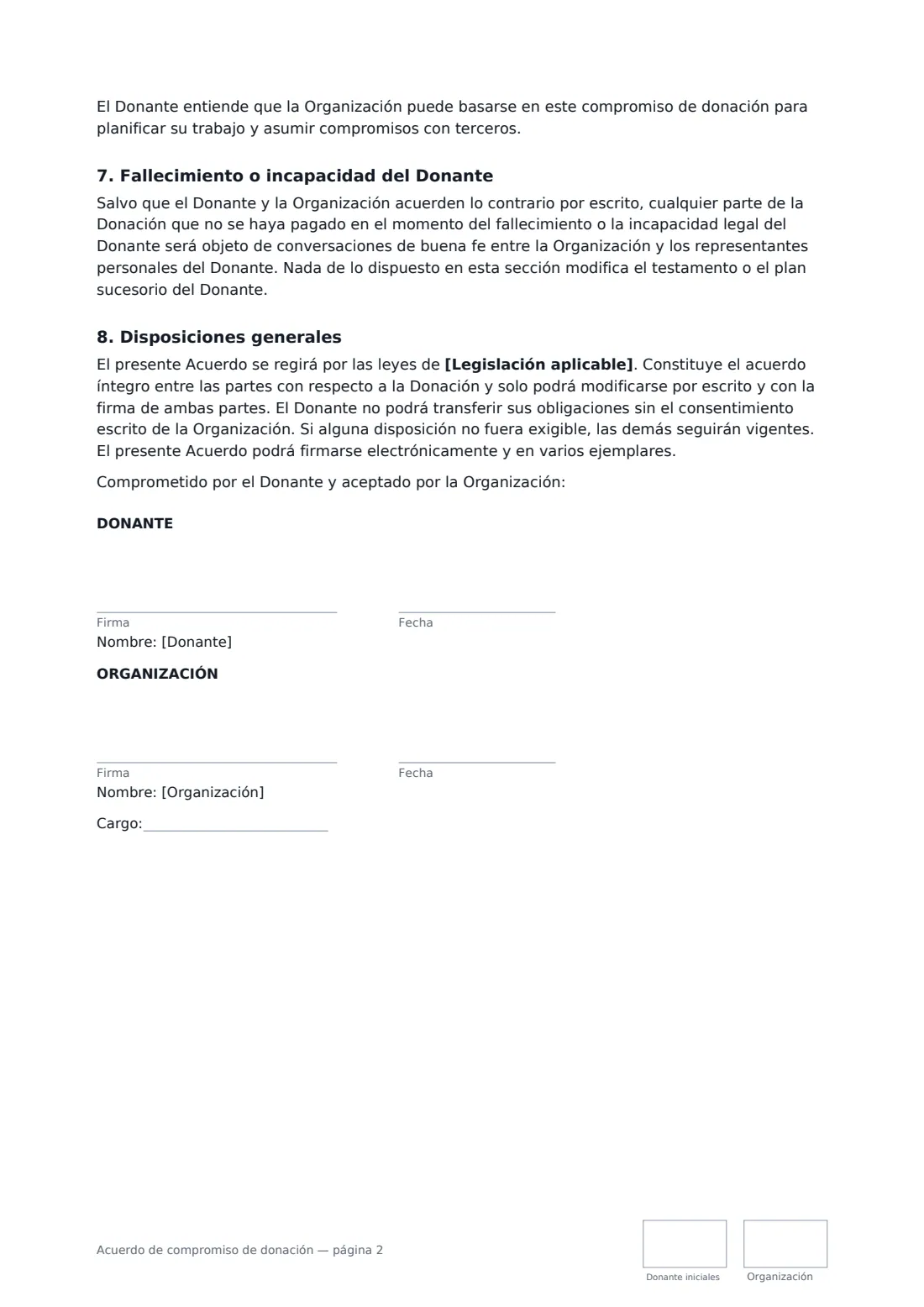 Acuerdo de compromiso de donación: página 2 de 2