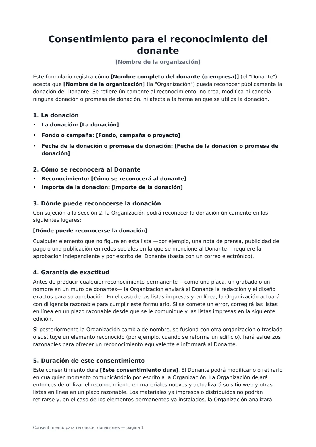 Consentimiento para reconocer donaciones: página 1 de 2
