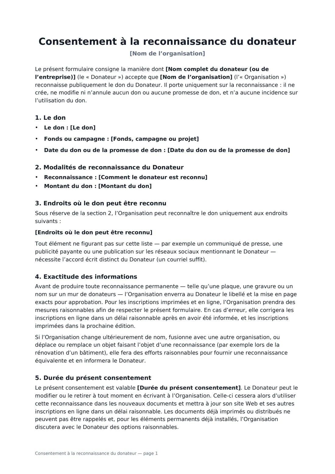 Consentement à la reconnaissance du donateur — page 1 sur 2