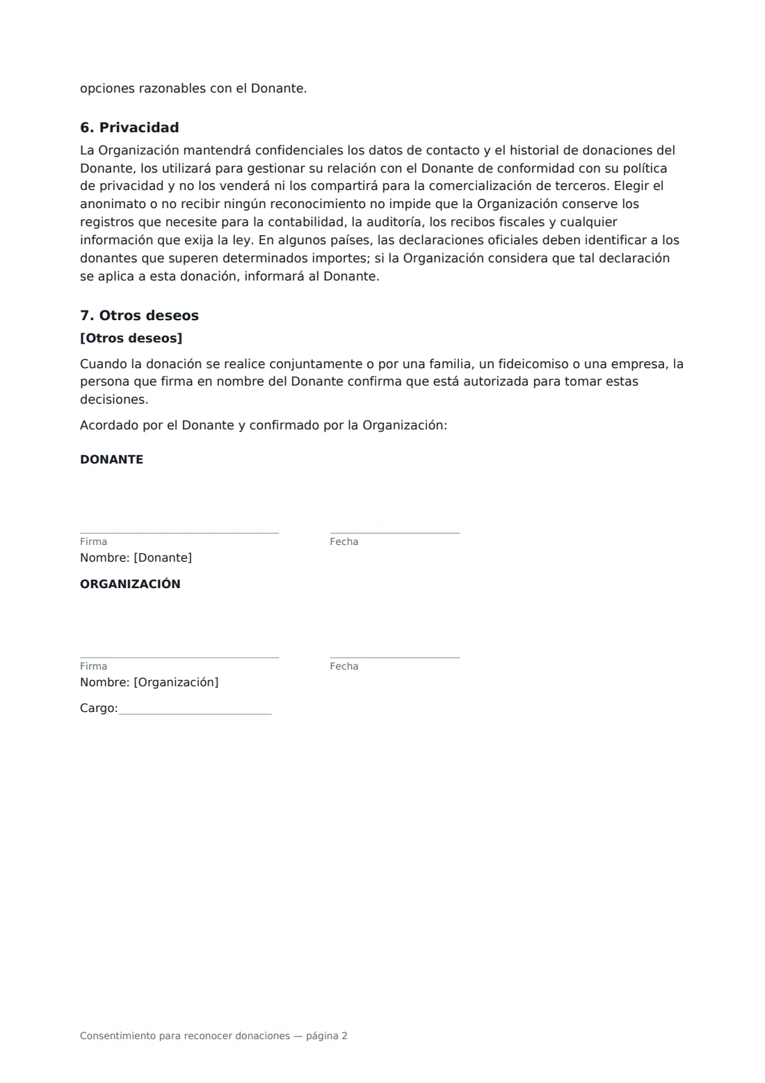 Consentimiento para reconocer donaciones: página 2 de 2