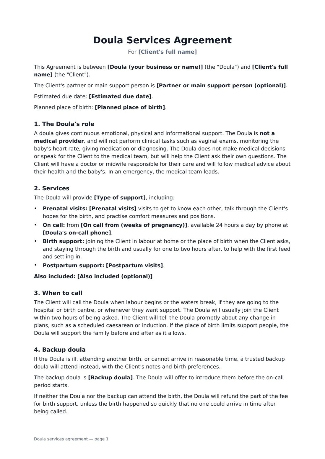 Doula services agreement — page 1 of 2