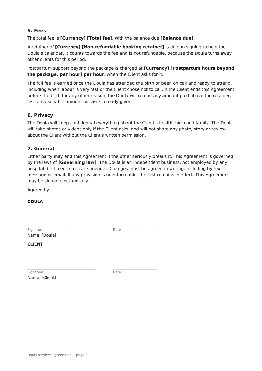 Doula services agreement — page 2 of 2