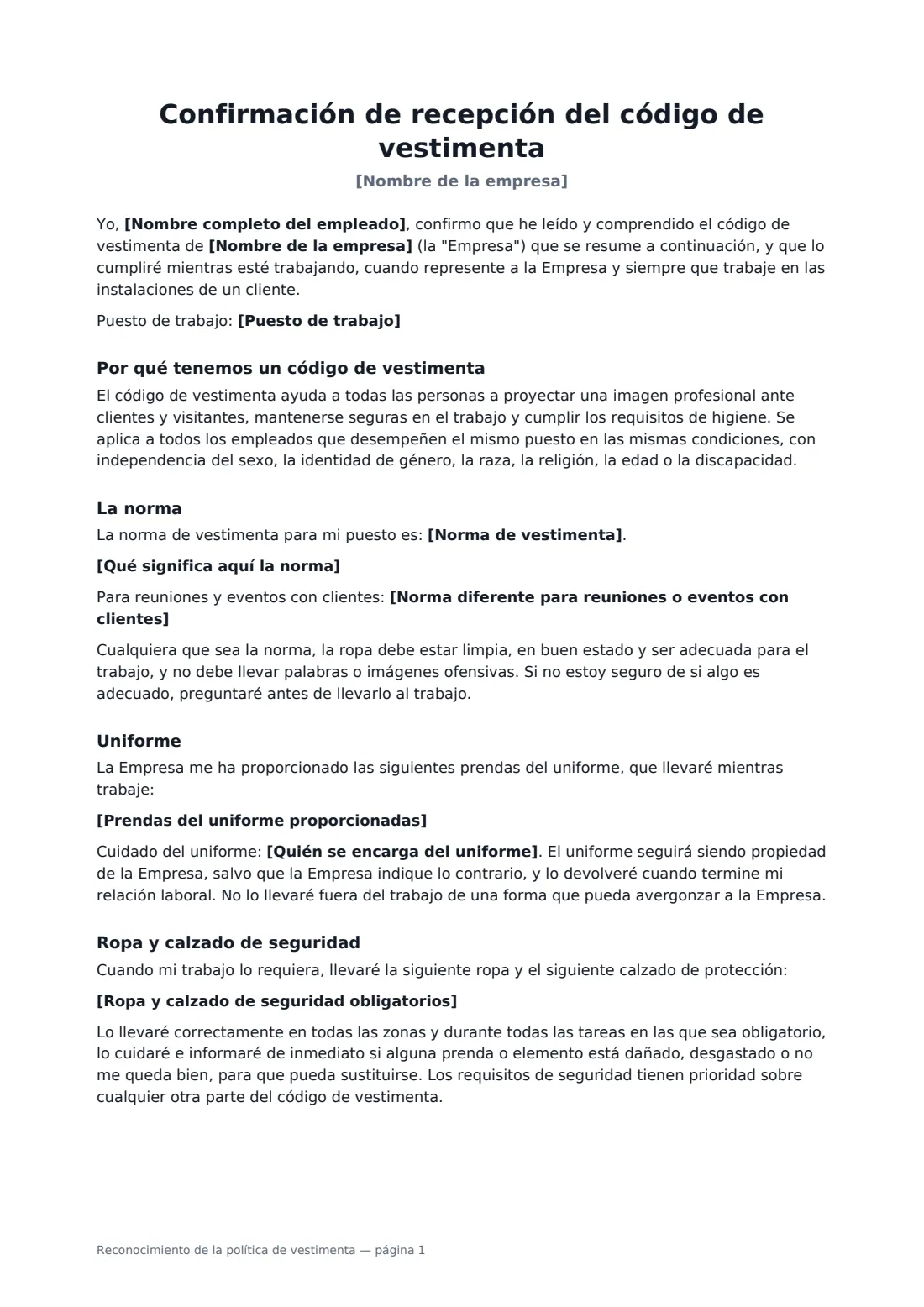 Reconocimiento de la política de vestimenta: página 1 de 2