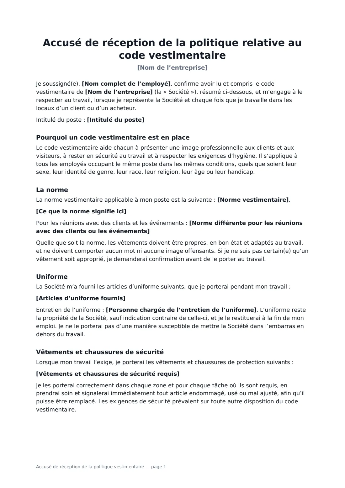 Accusé de réception de la politique vestimentaire — page 1 sur 2