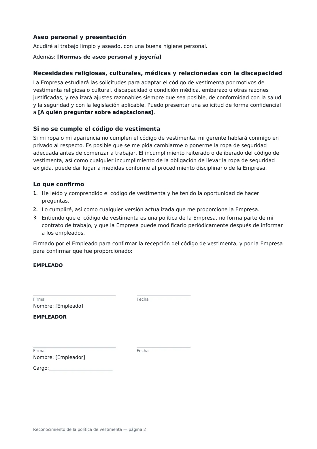 Reconocimiento de la política de vestimenta: página 2 de 2