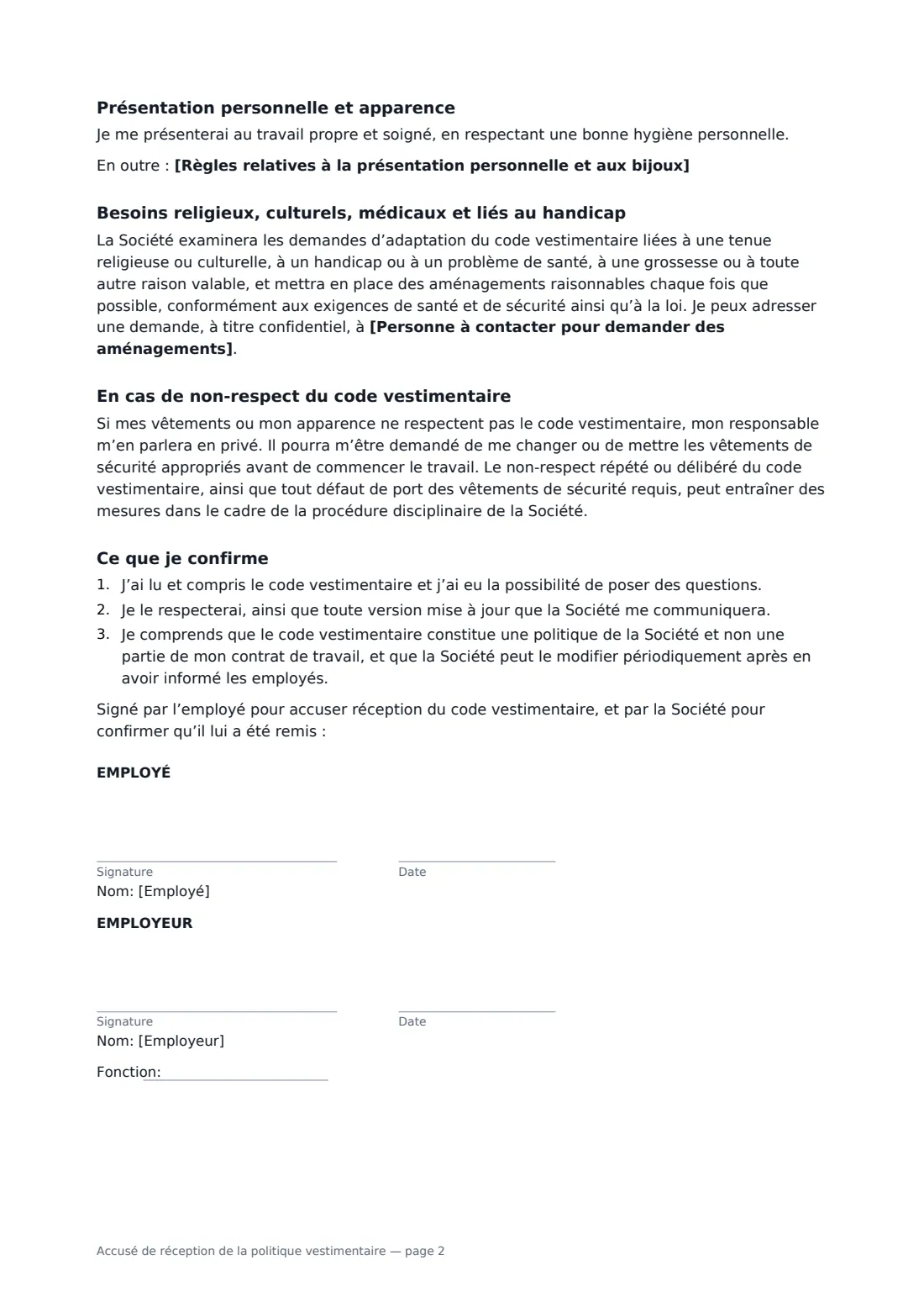 Accusé de réception de la politique vestimentaire — page 2 sur 2