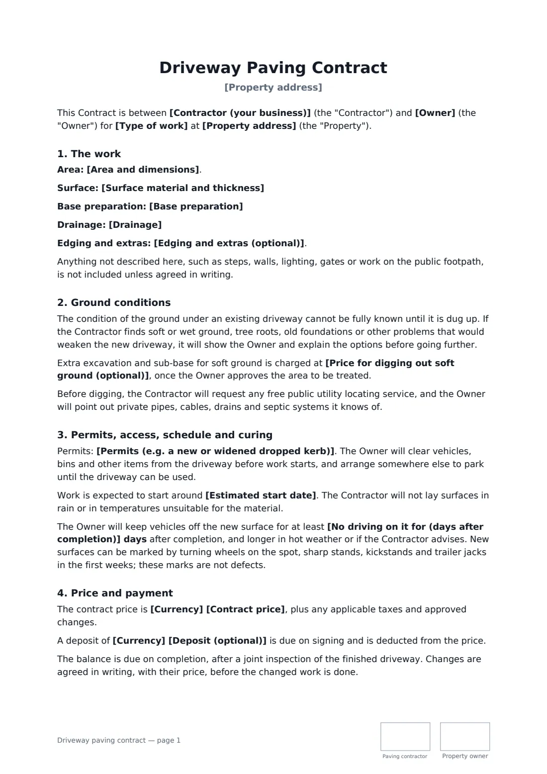 Driveway paving contract — page 1 of 2