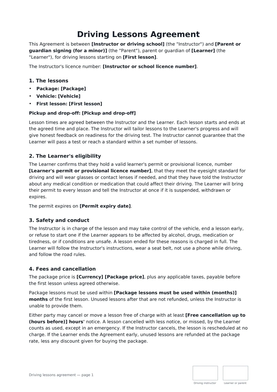 Driving lessons agreement — page 1 of 2
