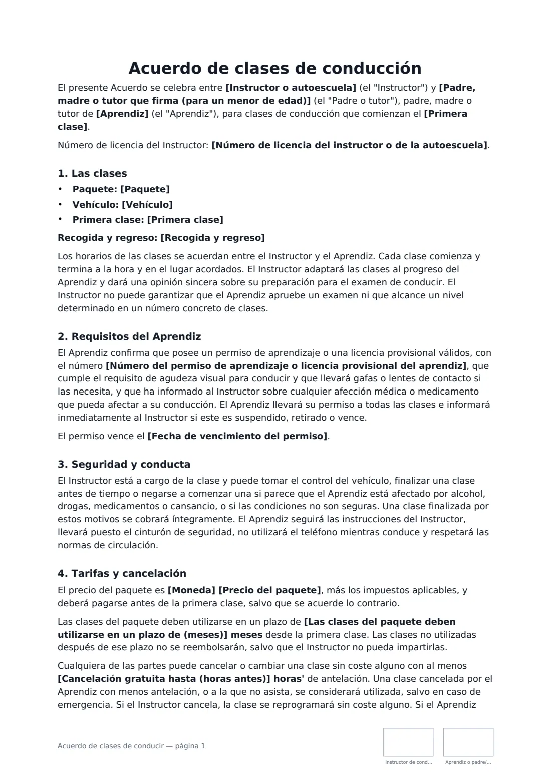 Acuerdo de clases de conducir: página 1 de 2