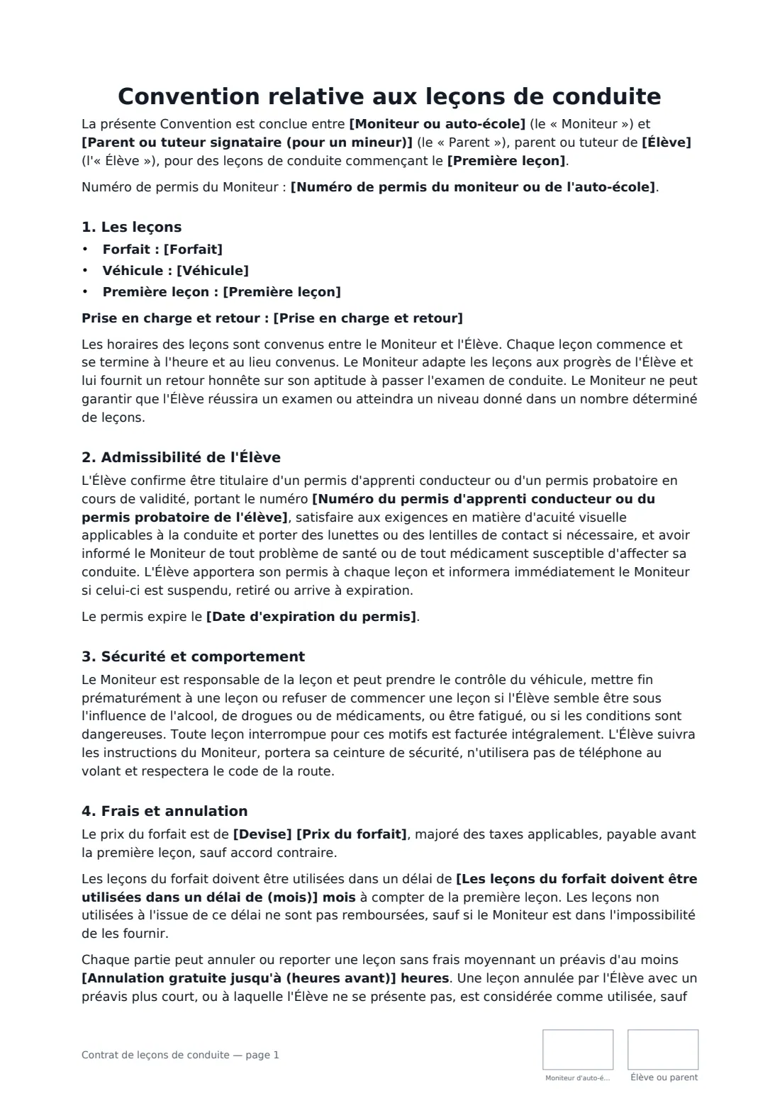 Contrat de leçons de conduite — page 1 sur 2