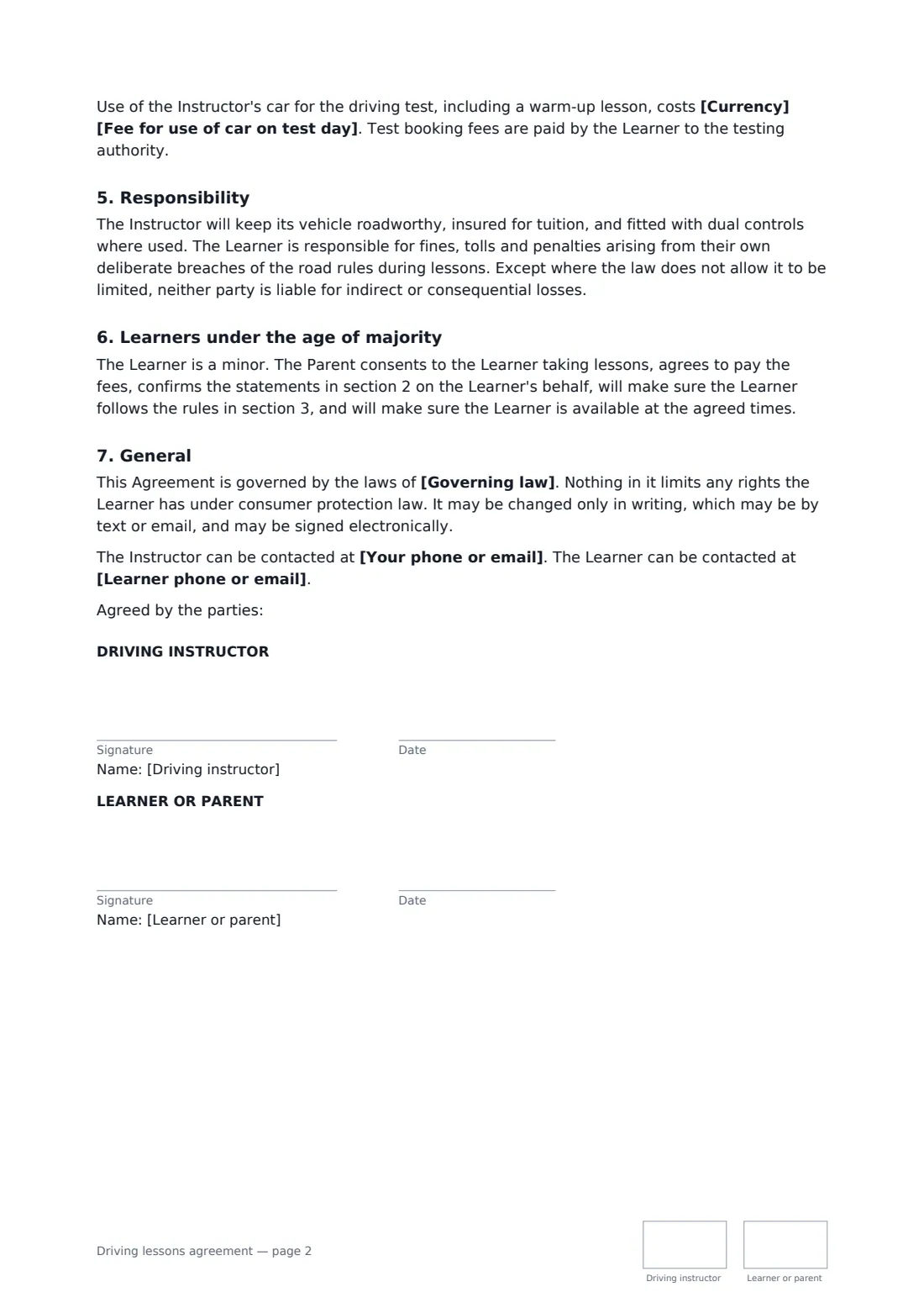 Driving lessons agreement — page 2 of 2