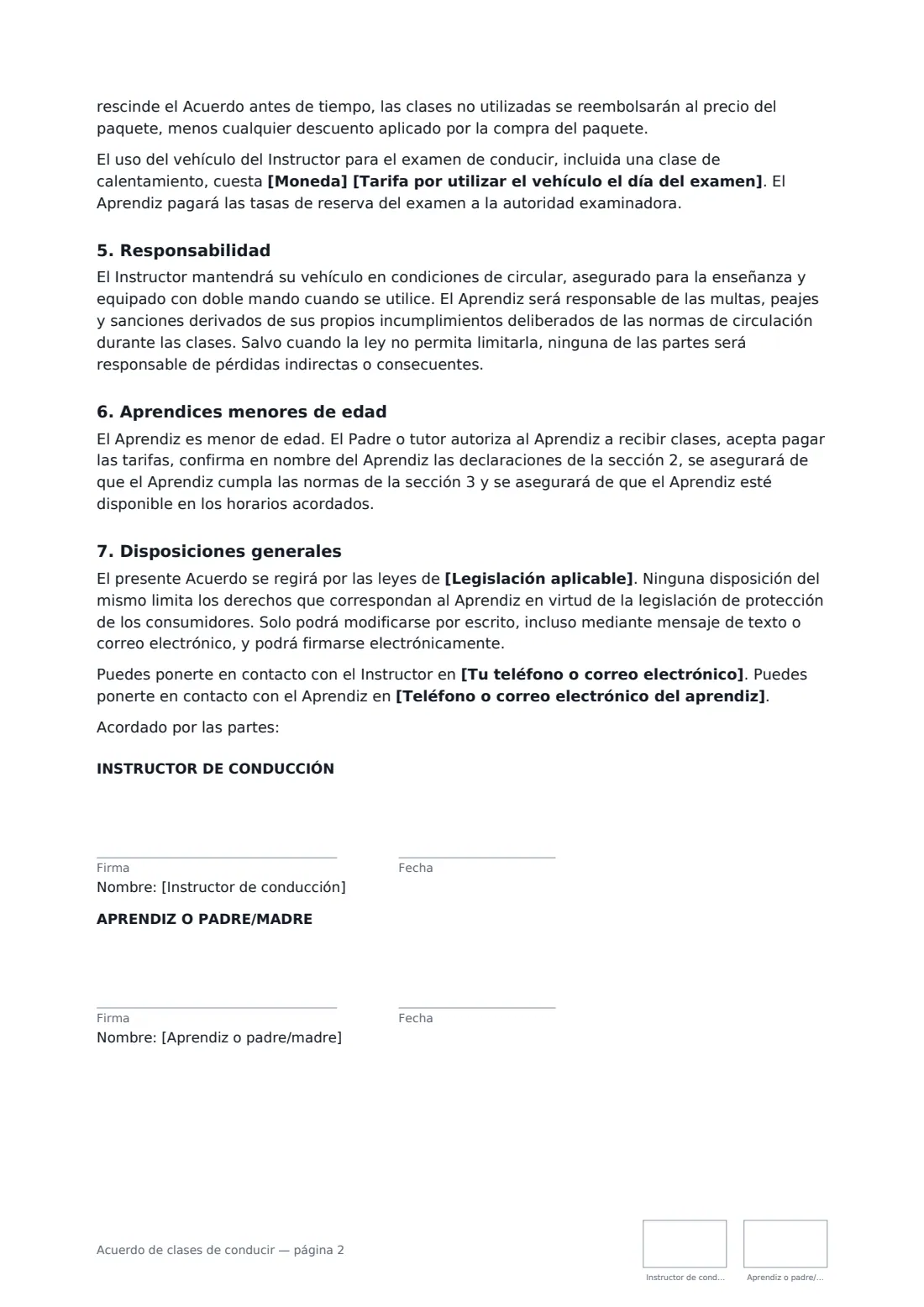 Acuerdo de clases de conducir: página 2 de 2