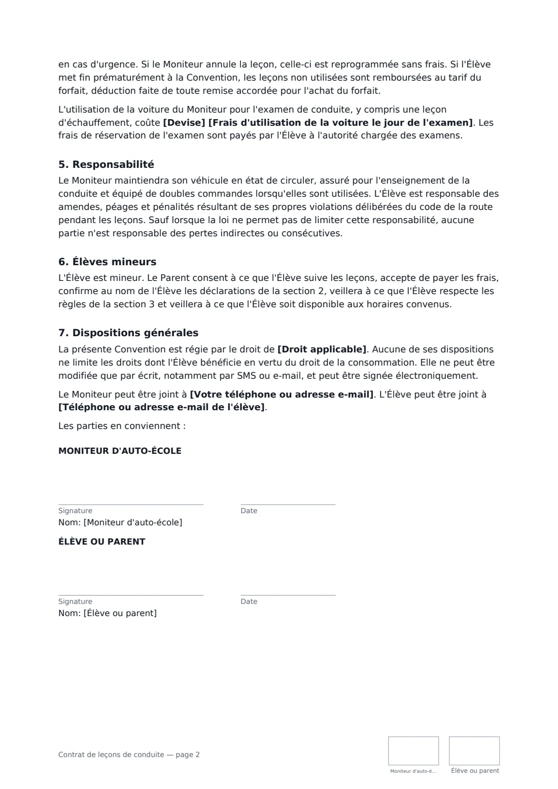 Contrat de leçons de conduite — page 2 sur 2