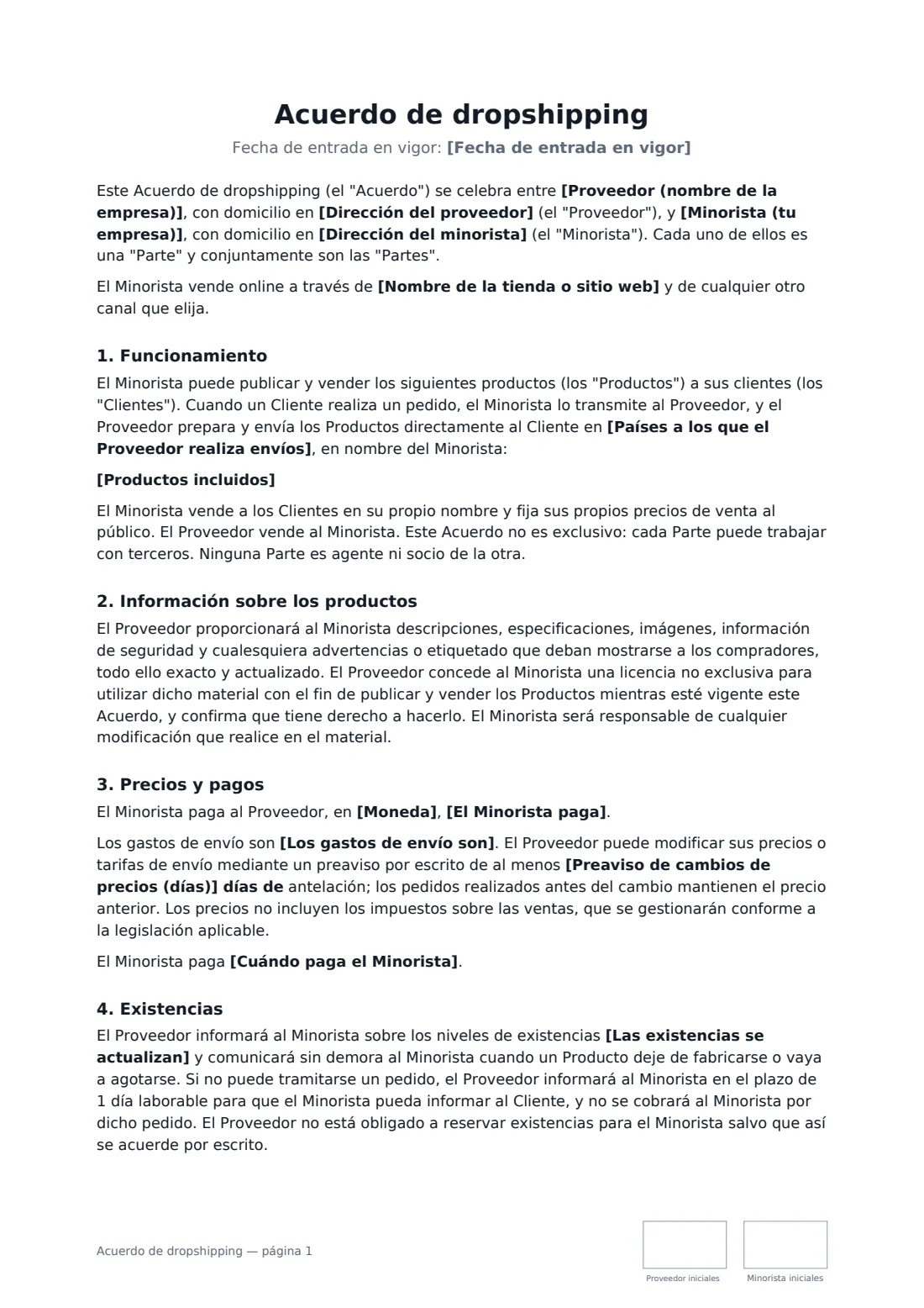 Acuerdo de dropshipping: página 1 de 4