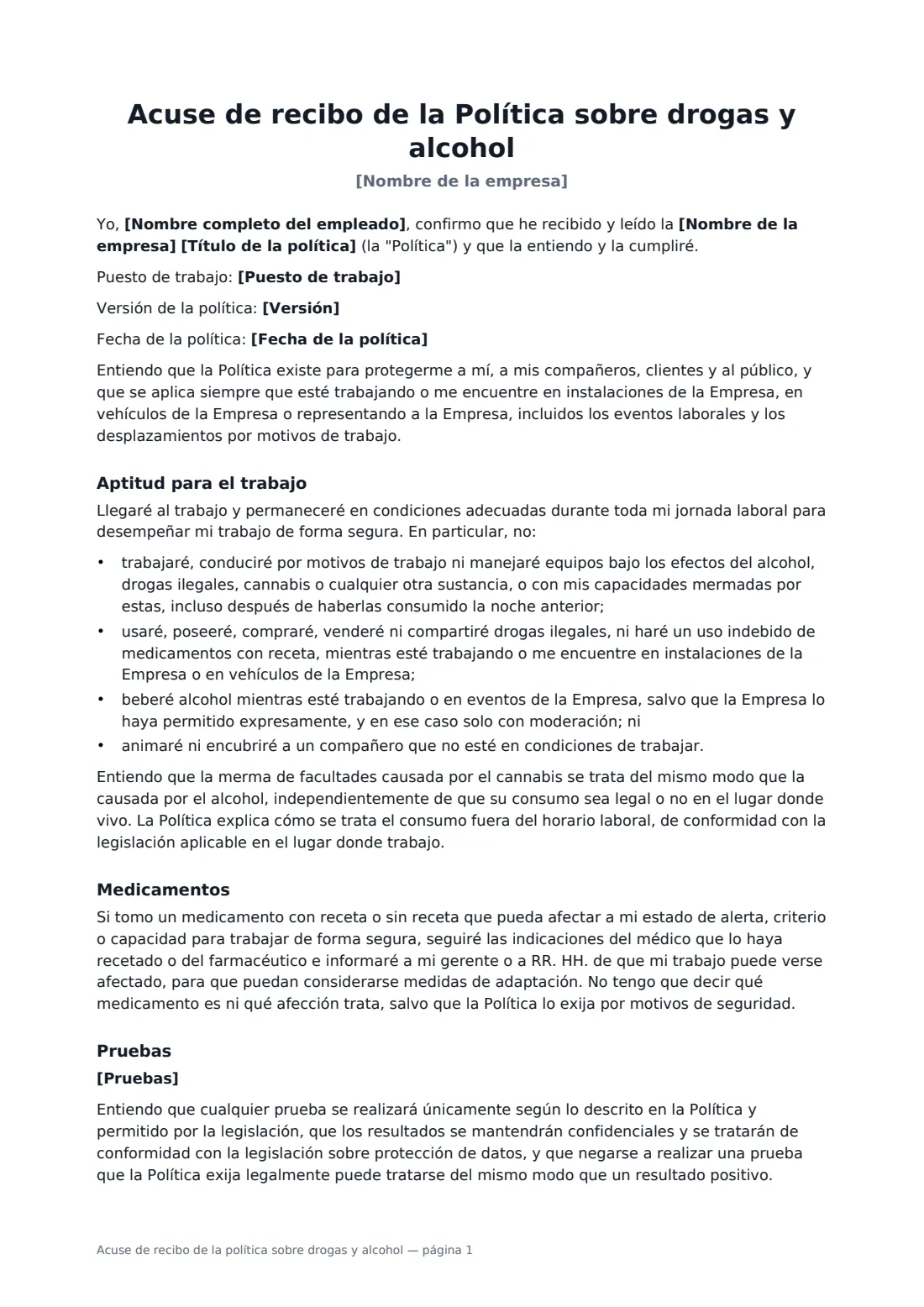 Acuse de recibo de la política sobre drogas y alcohol: página 1 de 2