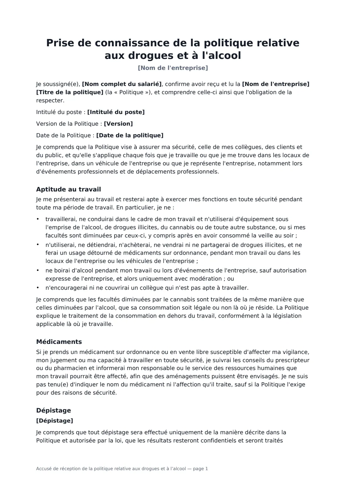 Accusé de réception de la politique relative aux drogues et à l’alcool — page 1 sur 2