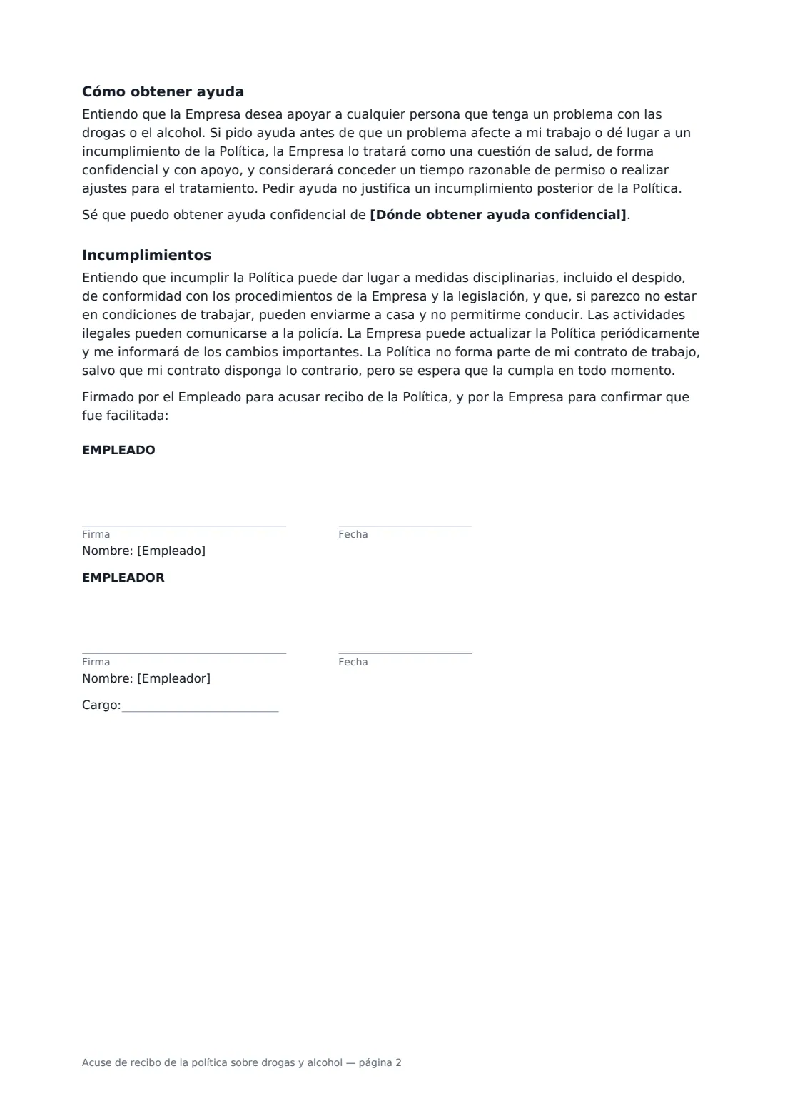 Acuse de recibo de la política sobre drogas y alcohol: página 2 de 2