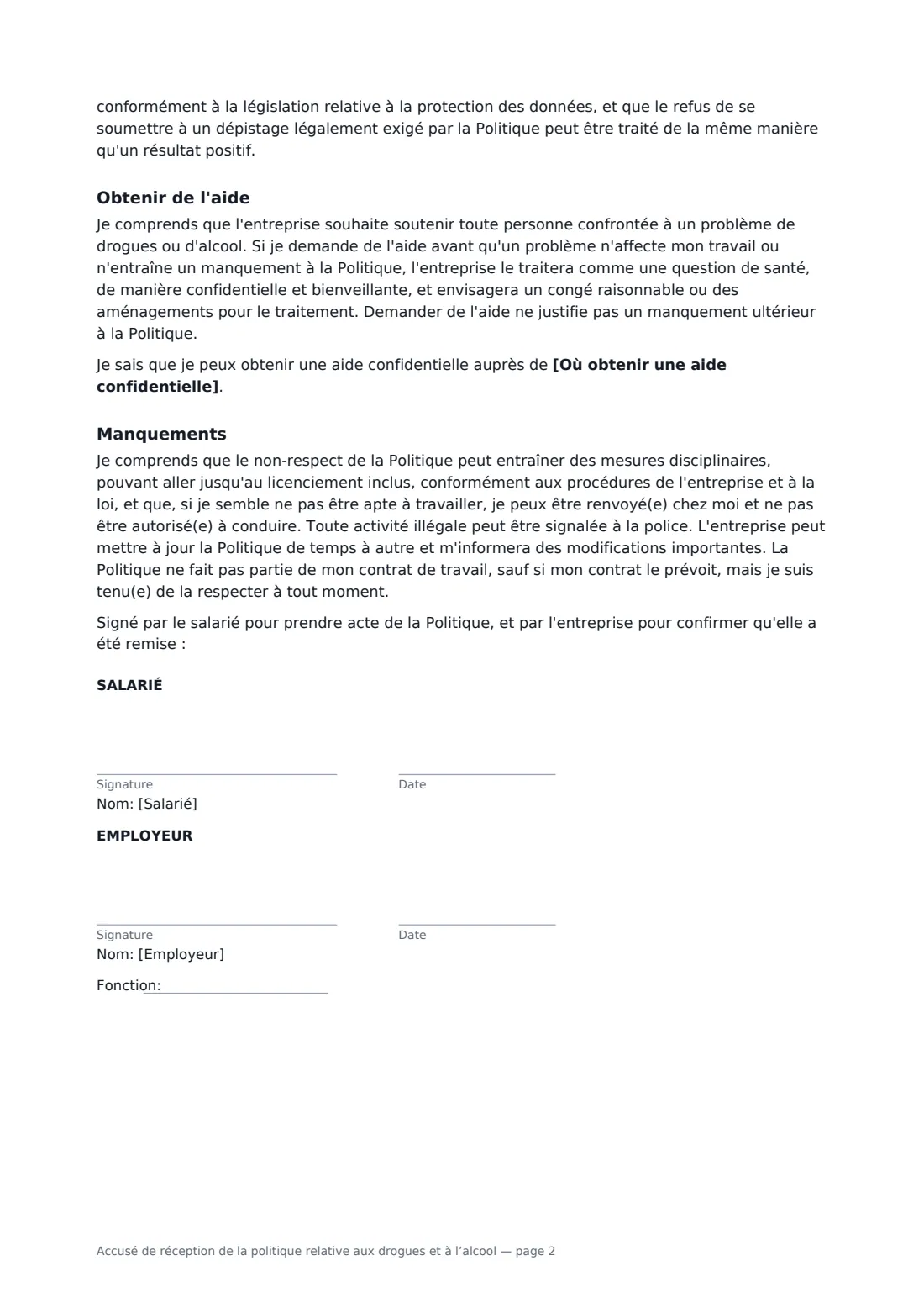 Accusé de réception de la politique relative aux drogues et à l’alcool — page 2 sur 2