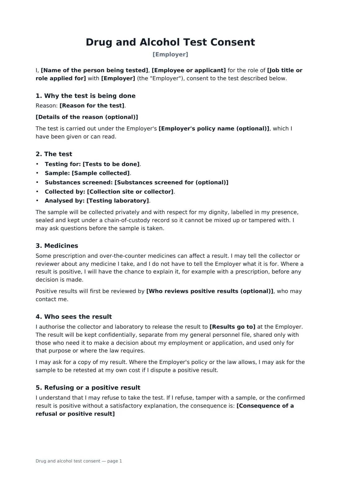 Drug and alcohol test consent — page 1 of 2