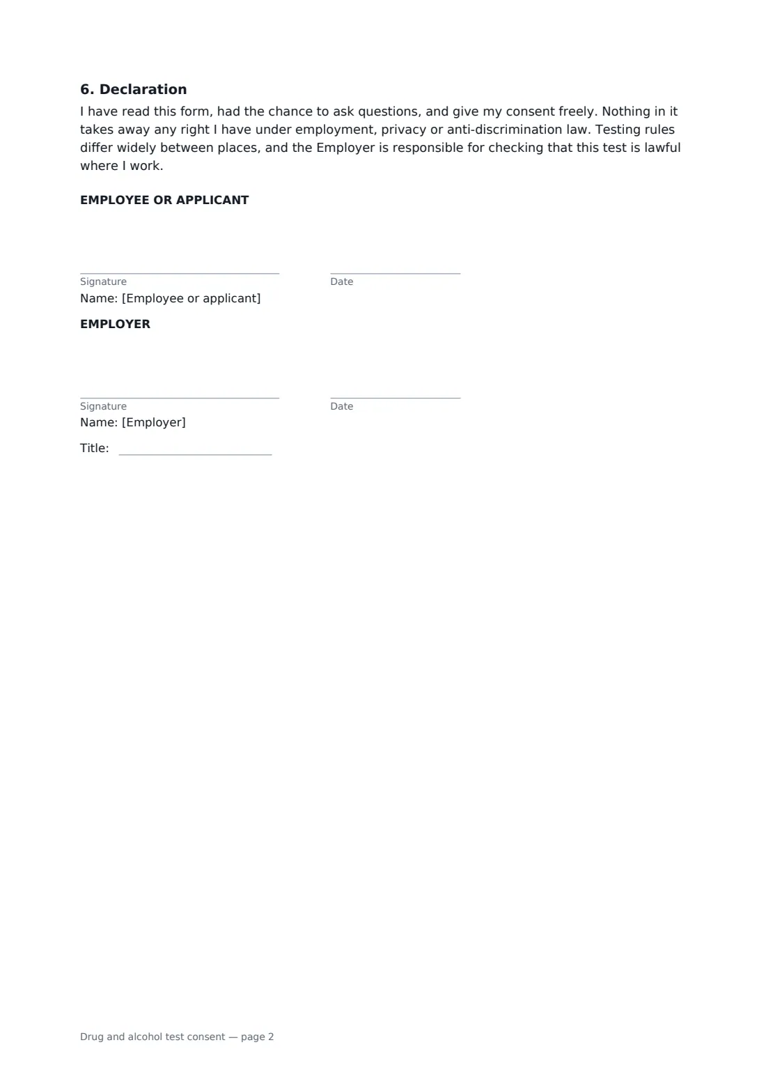 Drug and alcohol test consent — page 2 of 2