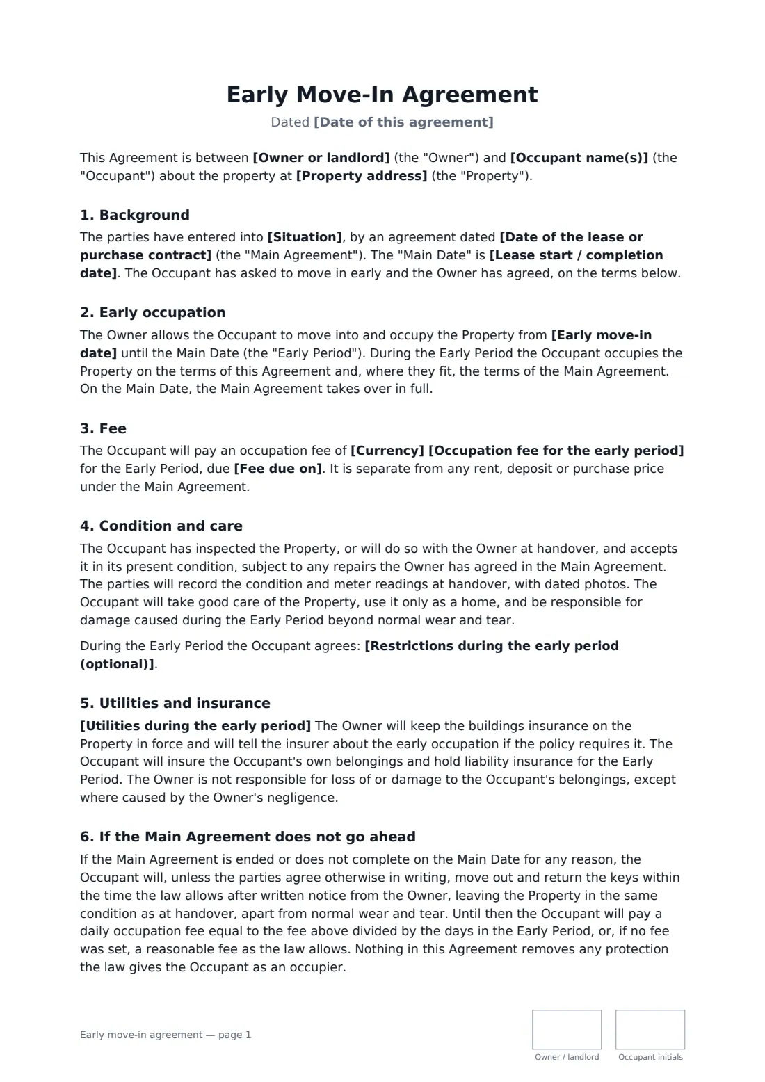 Early move-in agreement — page 1 of 2