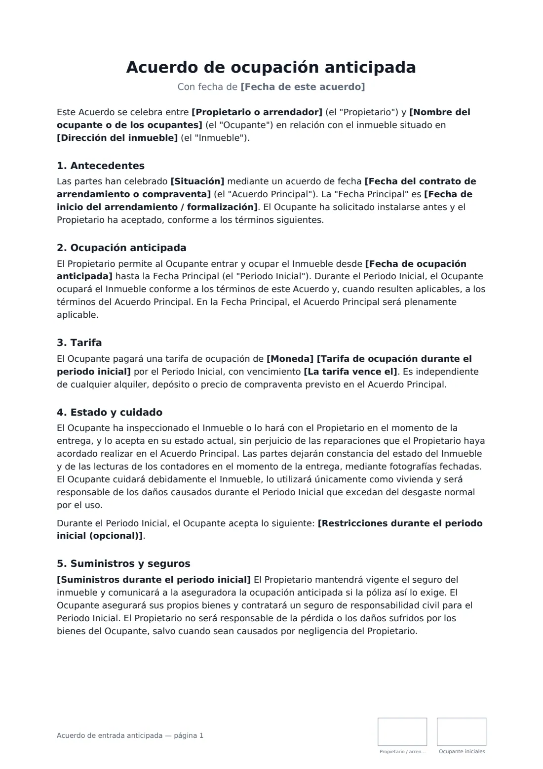 Acuerdo de entrada anticipada: página 1 de 2