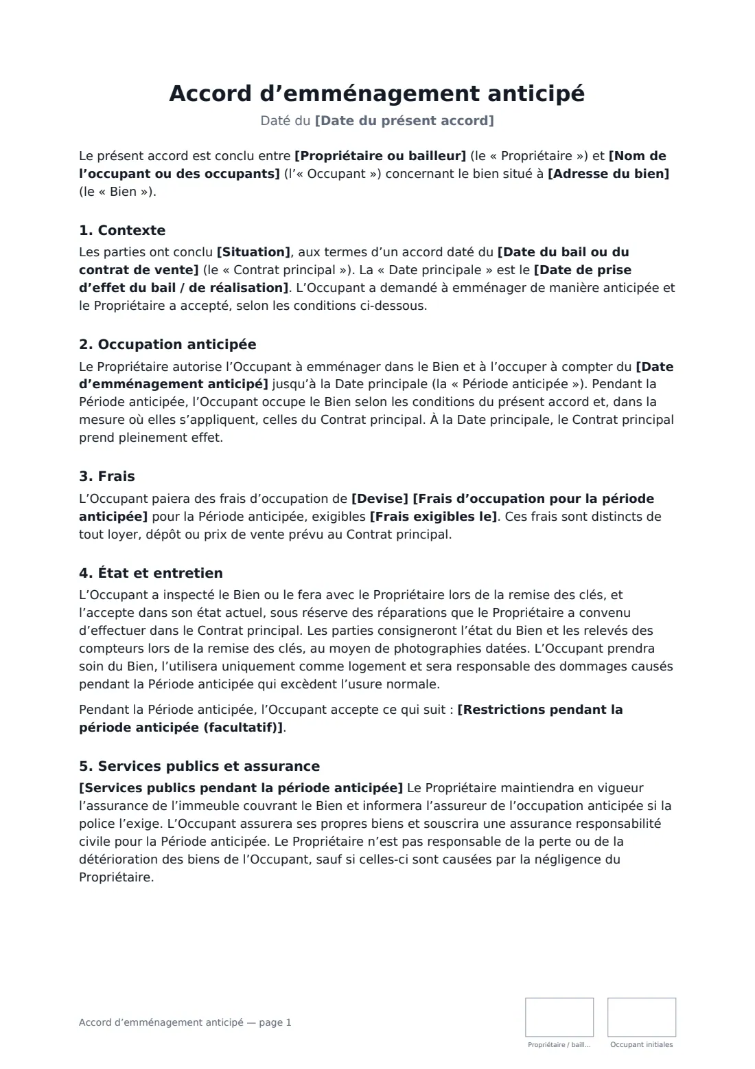 Accord d’emménagement anticipé — page 1 sur 2