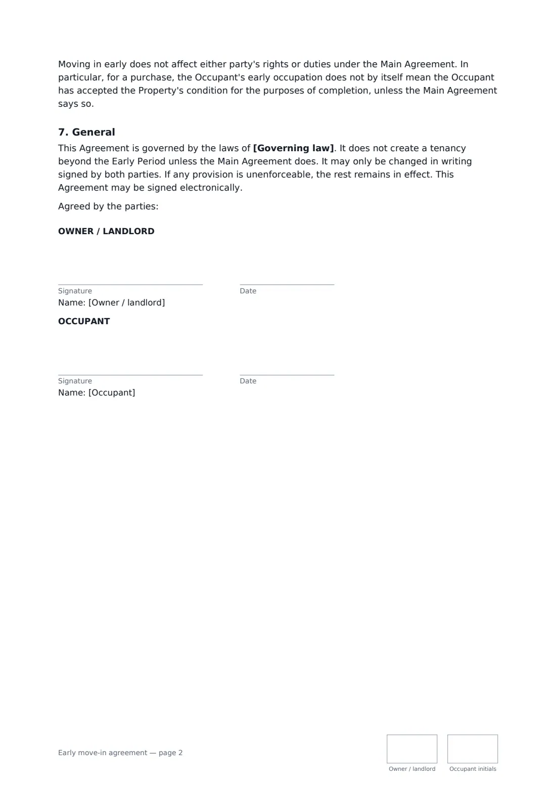 Early move-in agreement — page 2 of 2