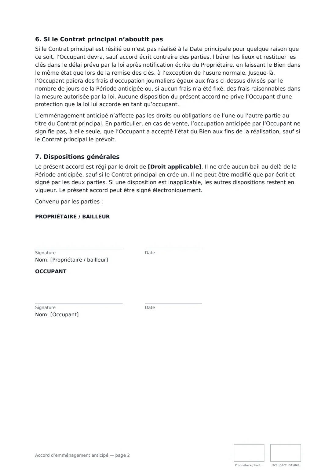 Accord d’emménagement anticipé — page 2 sur 2