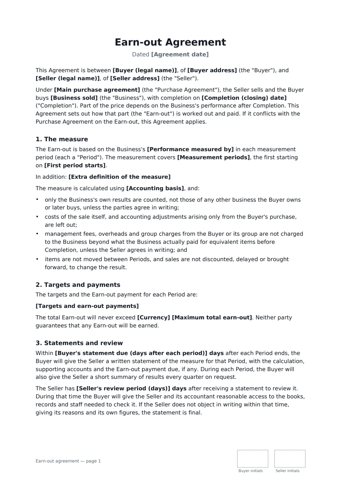 Earn-out agreement — page 1 of 3