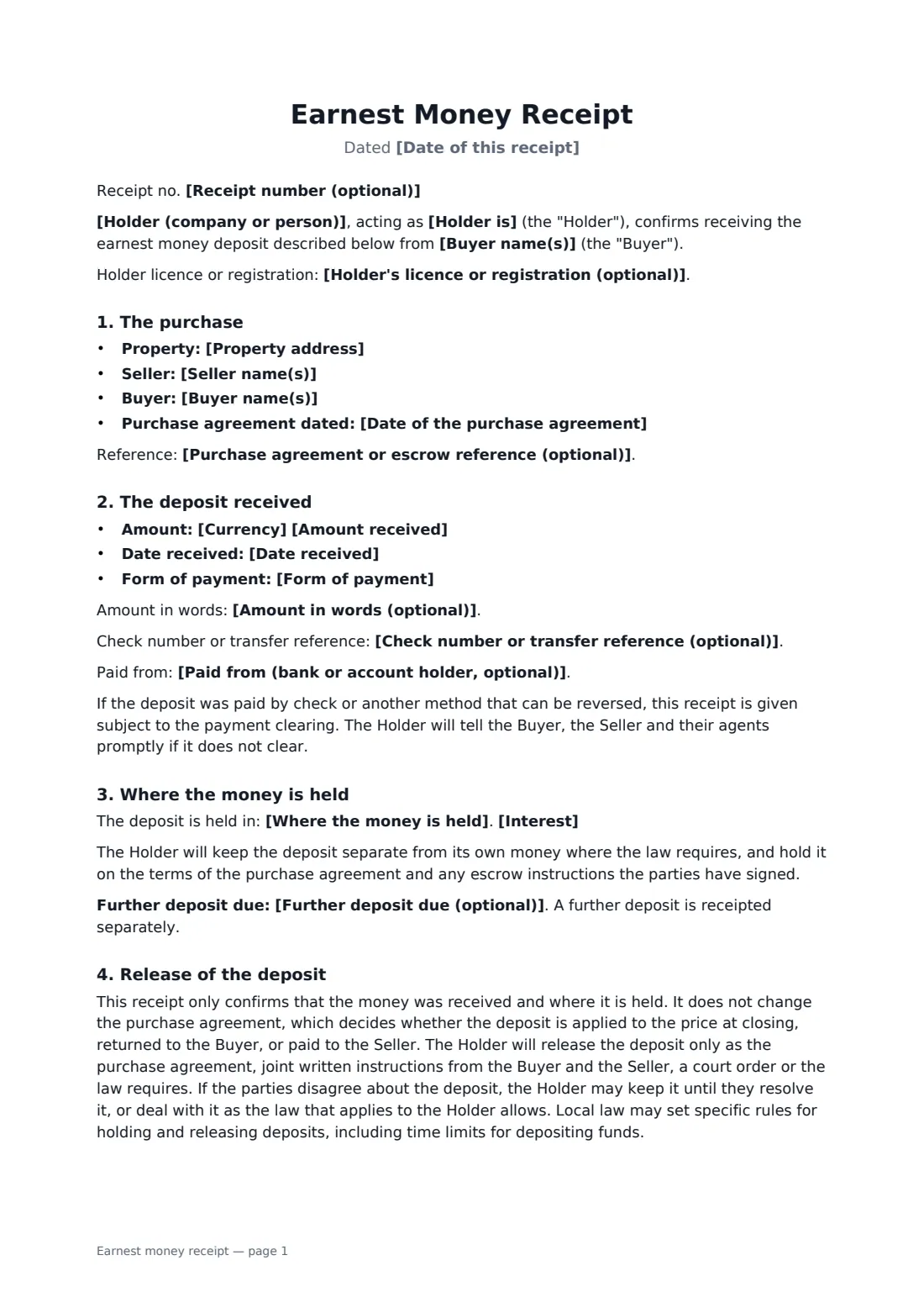 Earnest money receipt — page 1 of 2