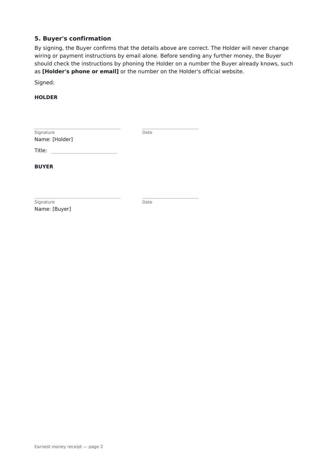 Earnest money receipt — page 2 of 2