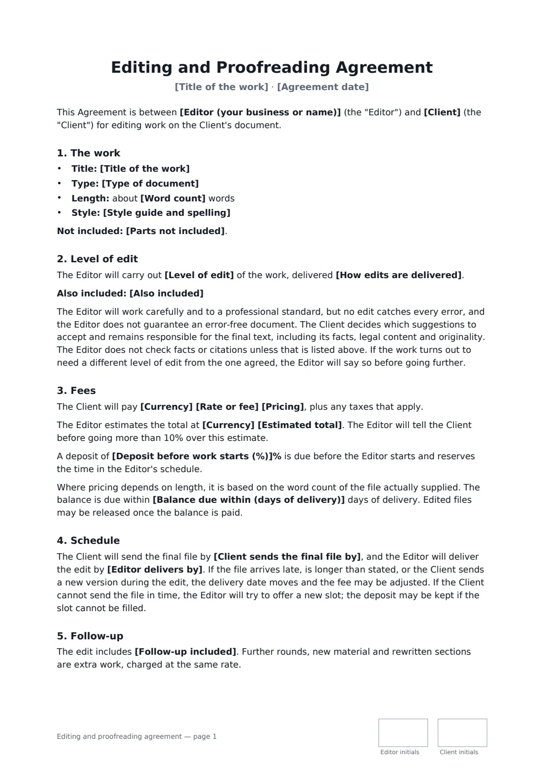 Editing and proofreading agreement — page 1 of 2