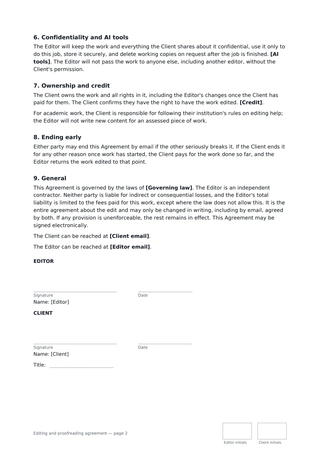 Editing and proofreading agreement — page 2 of 2