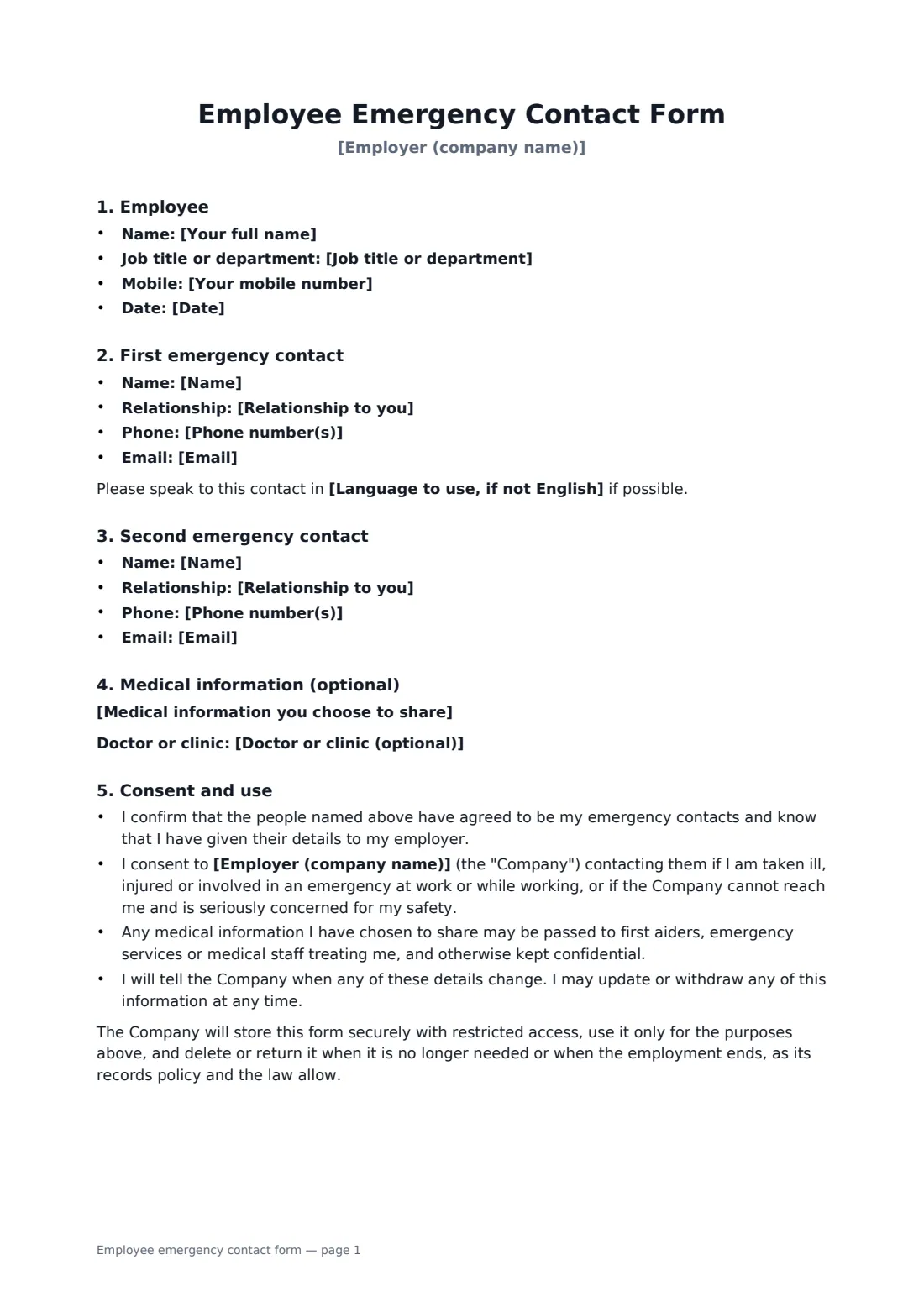 Employee emergency contact form — page 1 of 2