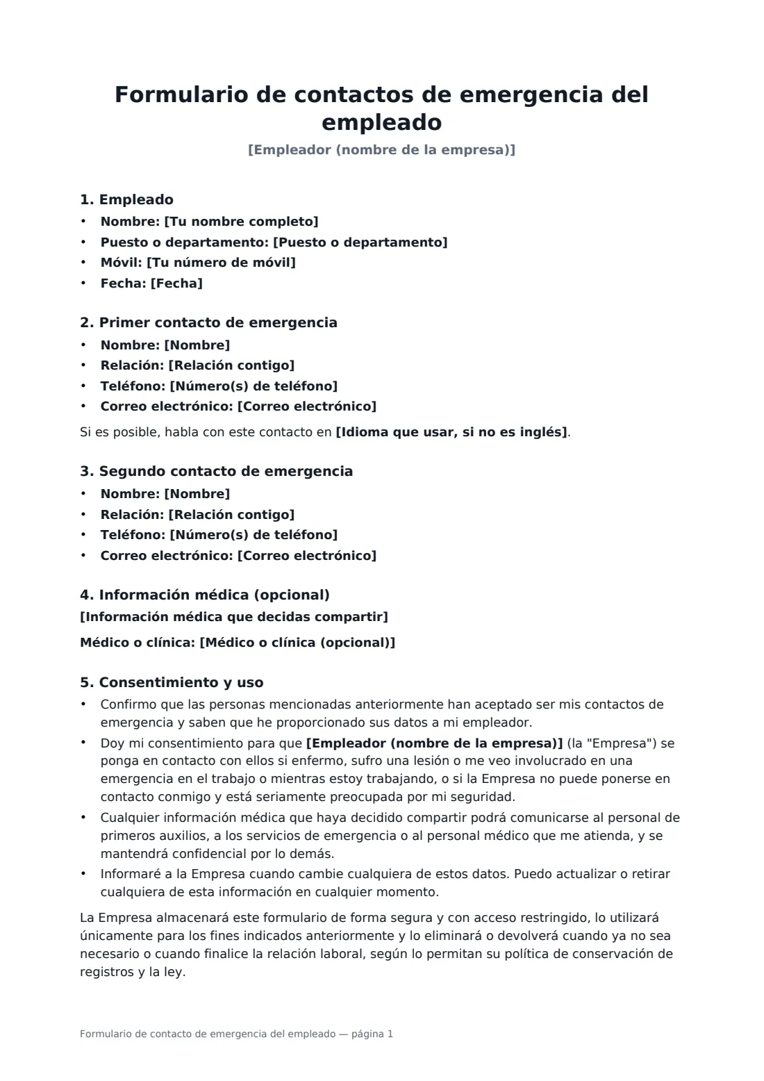 Formulario de contacto de emergencia del empleado: página 1 de 2