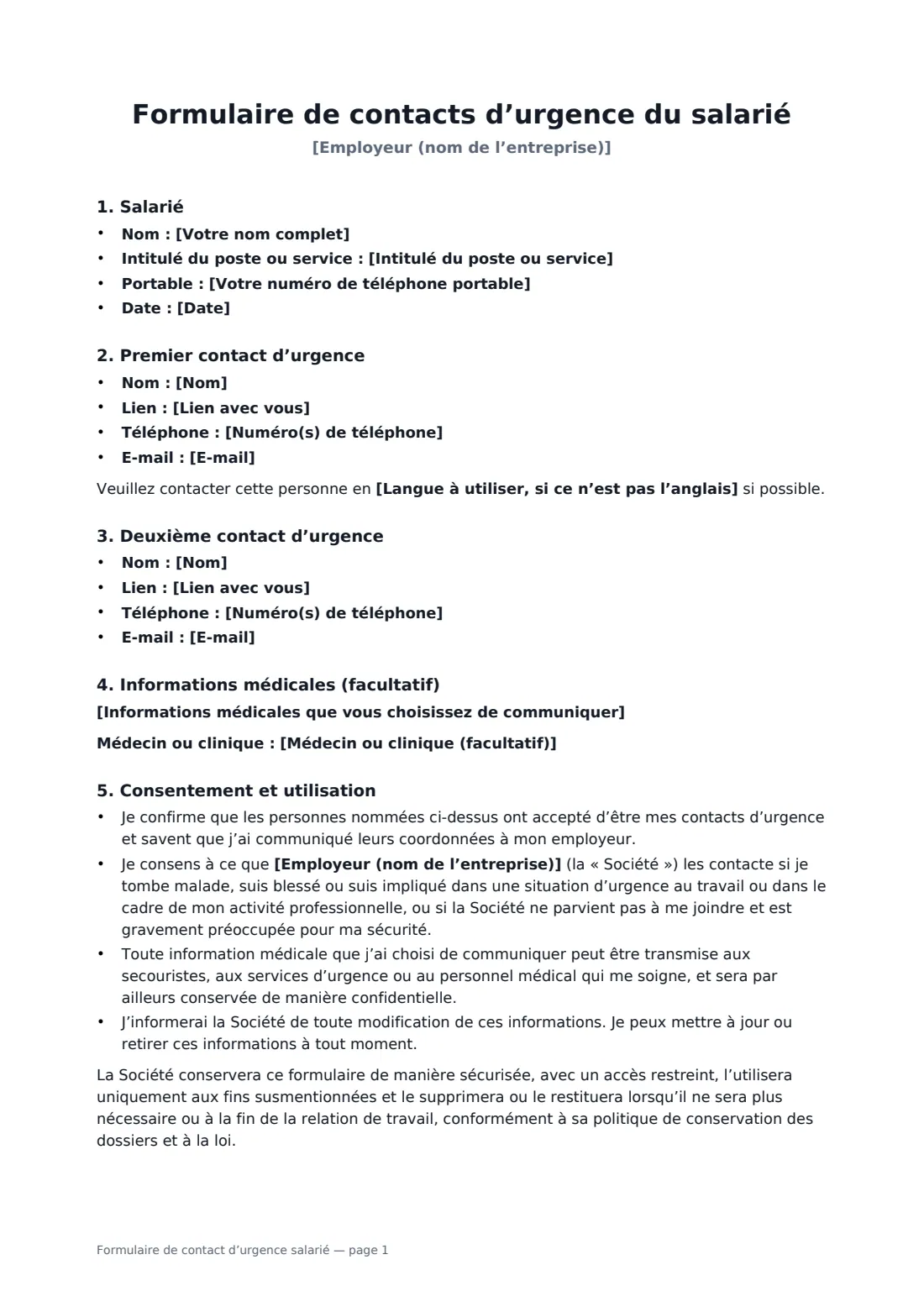 Formulaire de contact d’urgence salarié — page 1 sur 2
