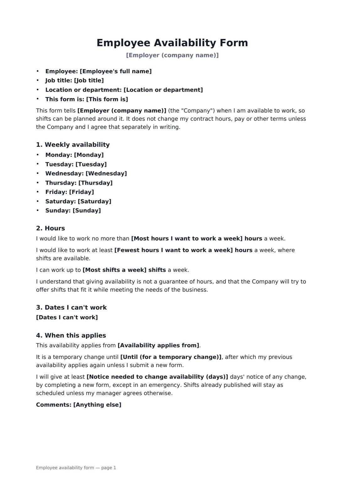 Employee availability form — page 1 of 2
