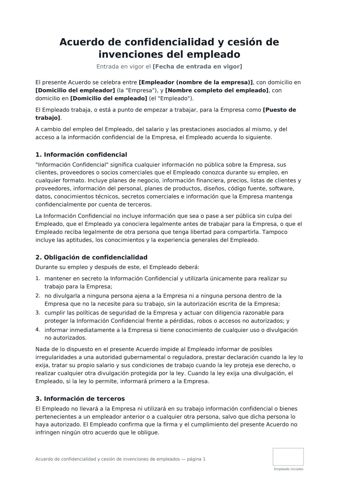 Acuerdo de confidencialidad y cesión de invenciones de empleados: página 1 de 3