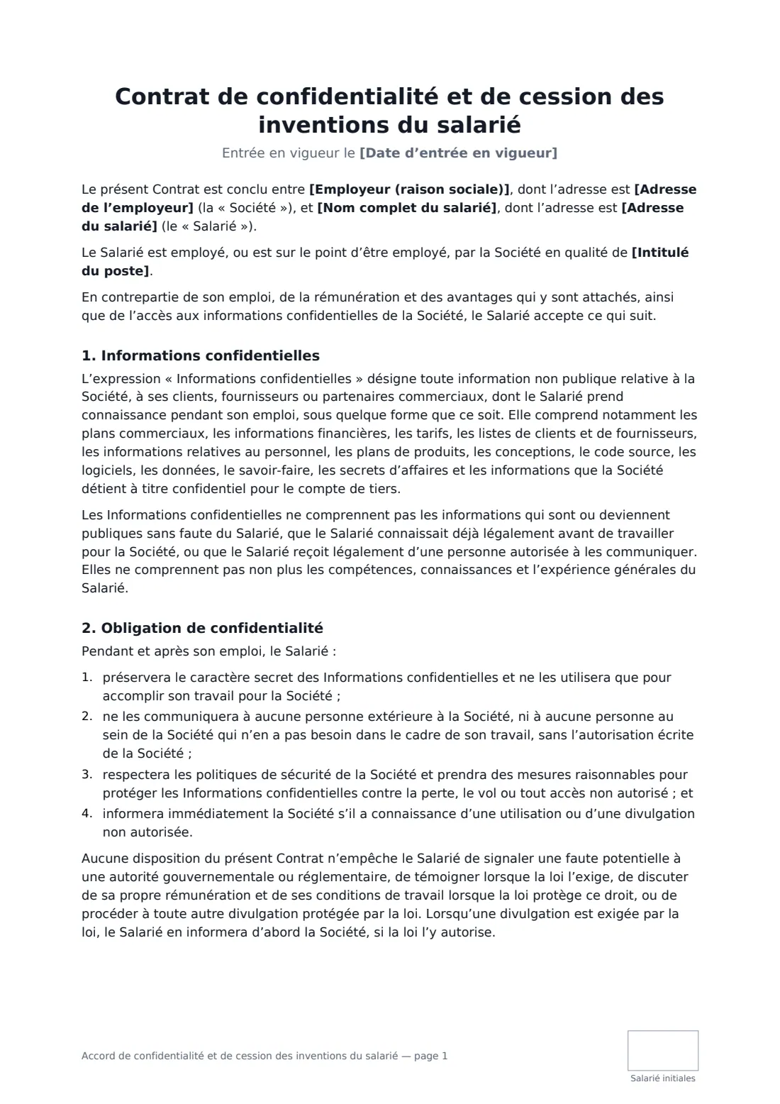 Accord de confidentialité et de cession des inventions du salarié — page 1 sur 3