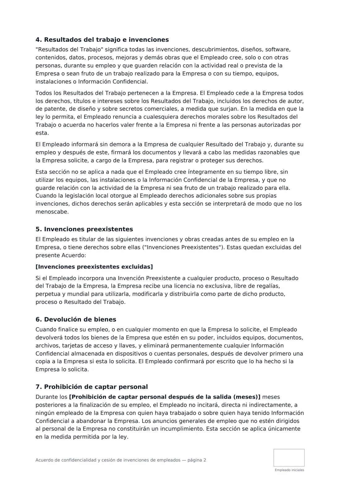 Acuerdo de confidencialidad y cesión de invenciones de empleados: página 2 de 3